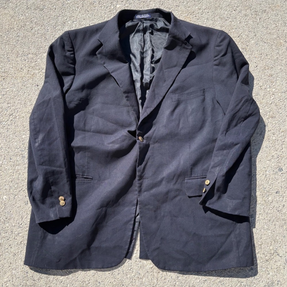 Alan Flusser Mens Navy Blue 100% Virgin Wool Blazer Gold Crest Buttons Preppy 44